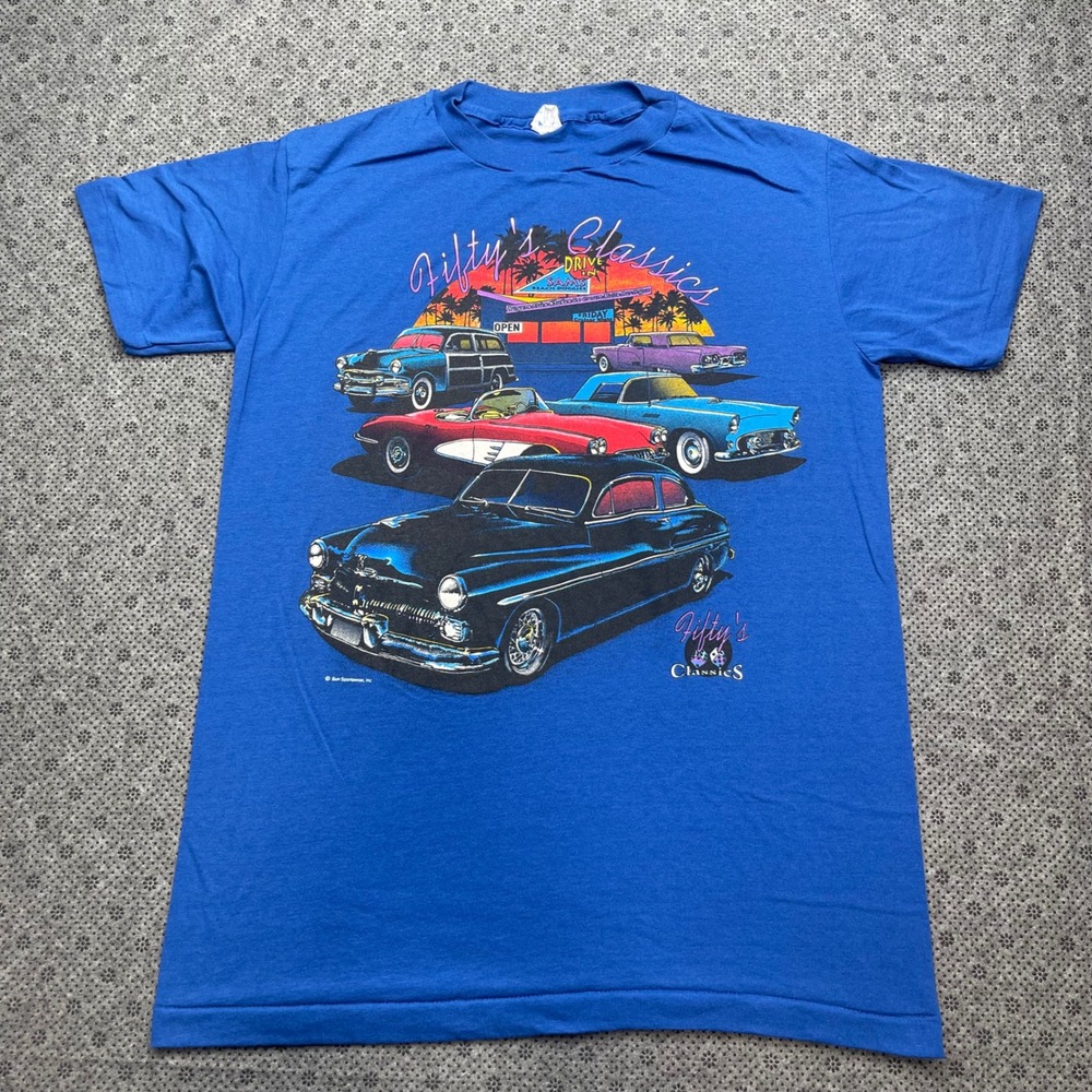 Vintage Single Stitch Sun Sportswear Fiftys Classics Car T-Shirt Blue (L) USA
